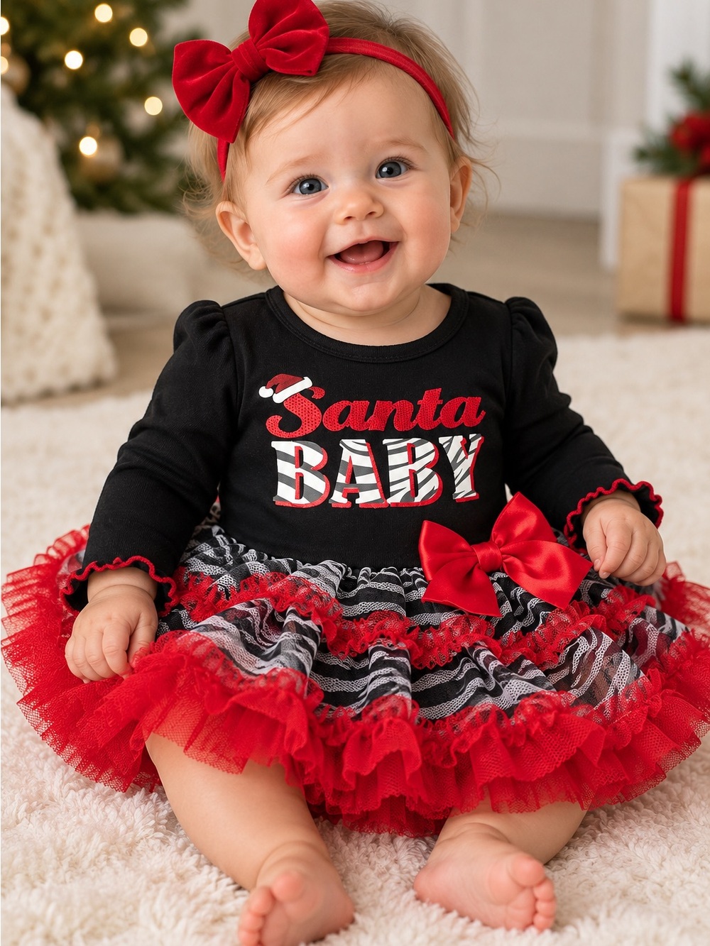 Baby Glam “Santa Baby” Holiday Dress – 3–6 Months | Black & Red